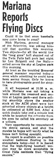 Berkshire Eagle clipping: "Mariana reports flying disk" (date listed on source page needs checking)