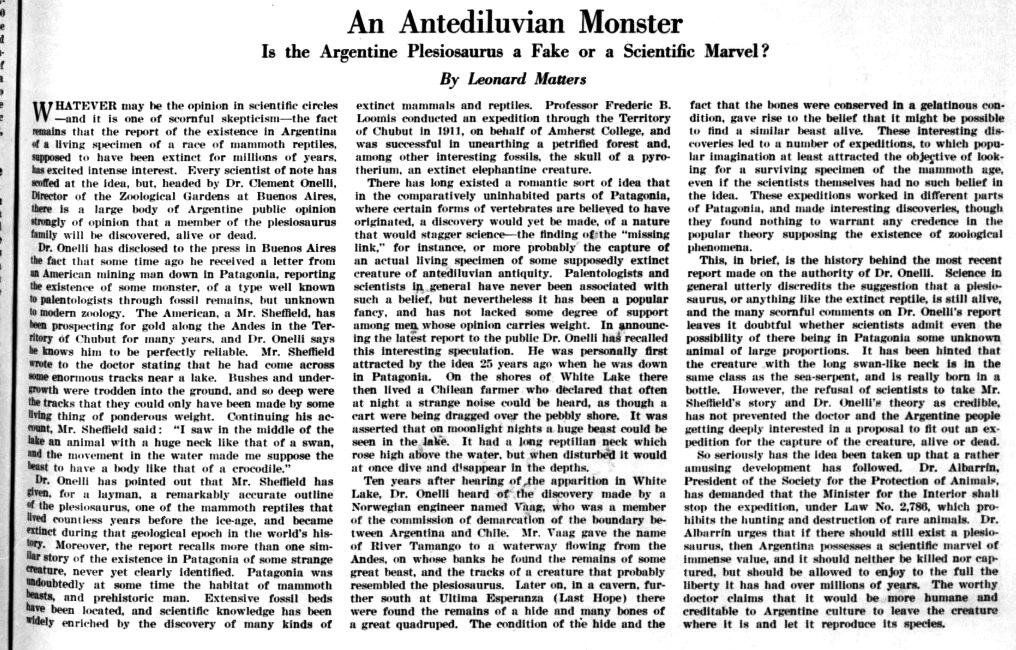 "An Antediluvian Monster", Scientific American, July 1922