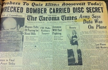 Tacoma Times headline "Wrecked Bomber Carried Disc Secret," August 4, 1947.