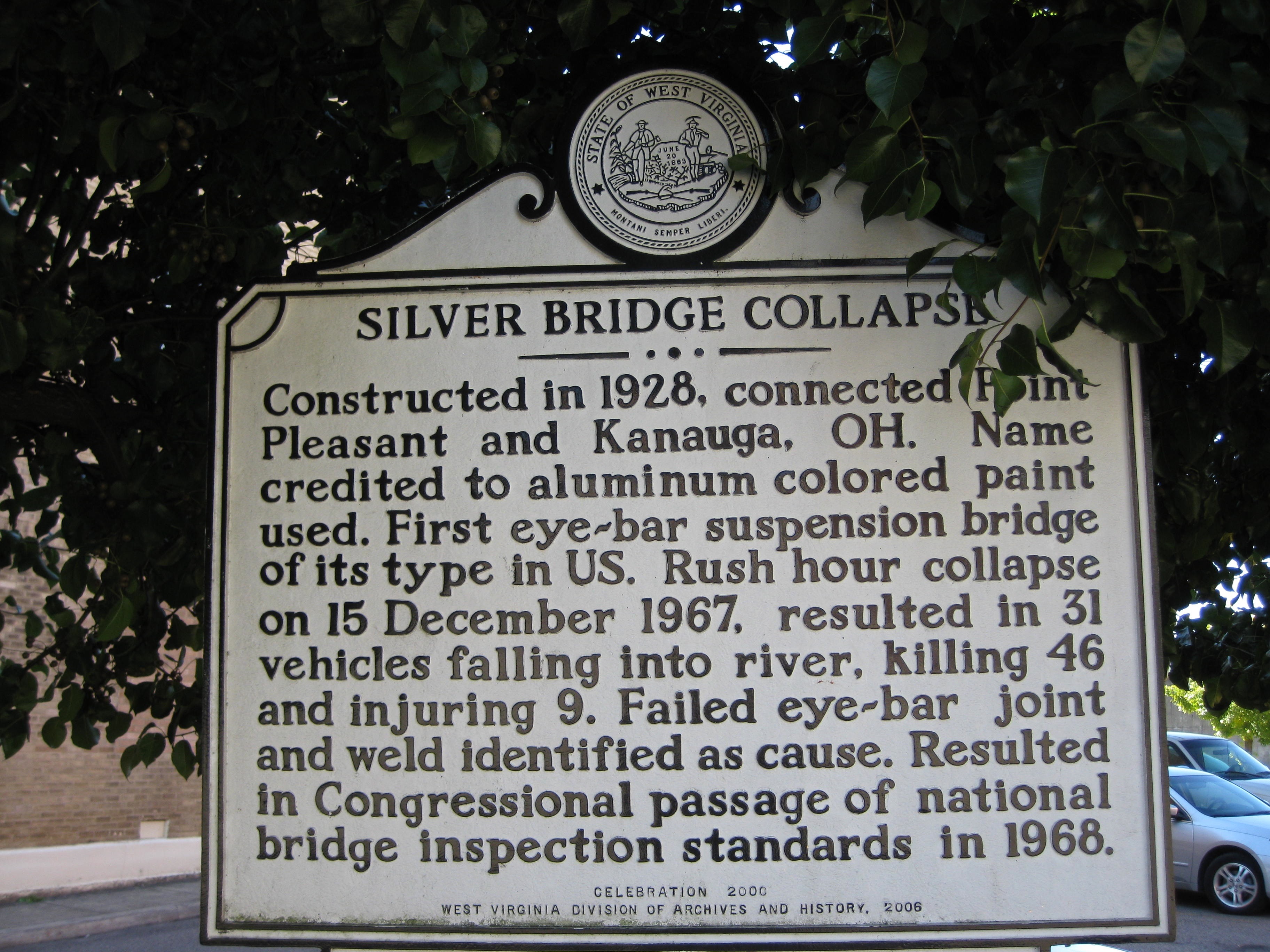Silver Bridge collapse memorial signage, 2010.