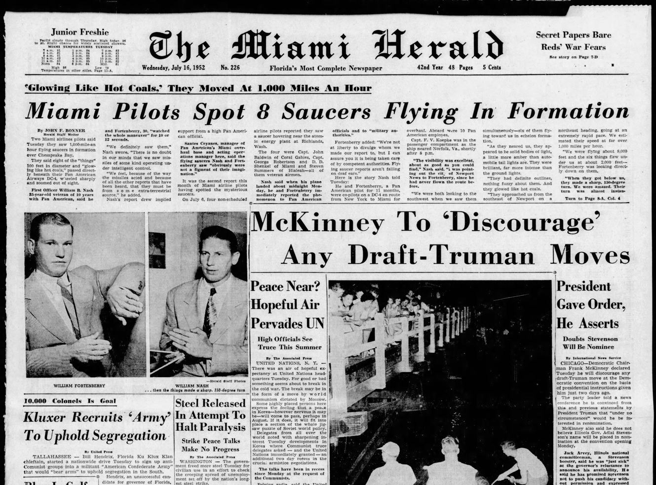 Miami Herald, 16 July 1952: "Miami Pilots Spot 8 Saucers Flying in Formation"