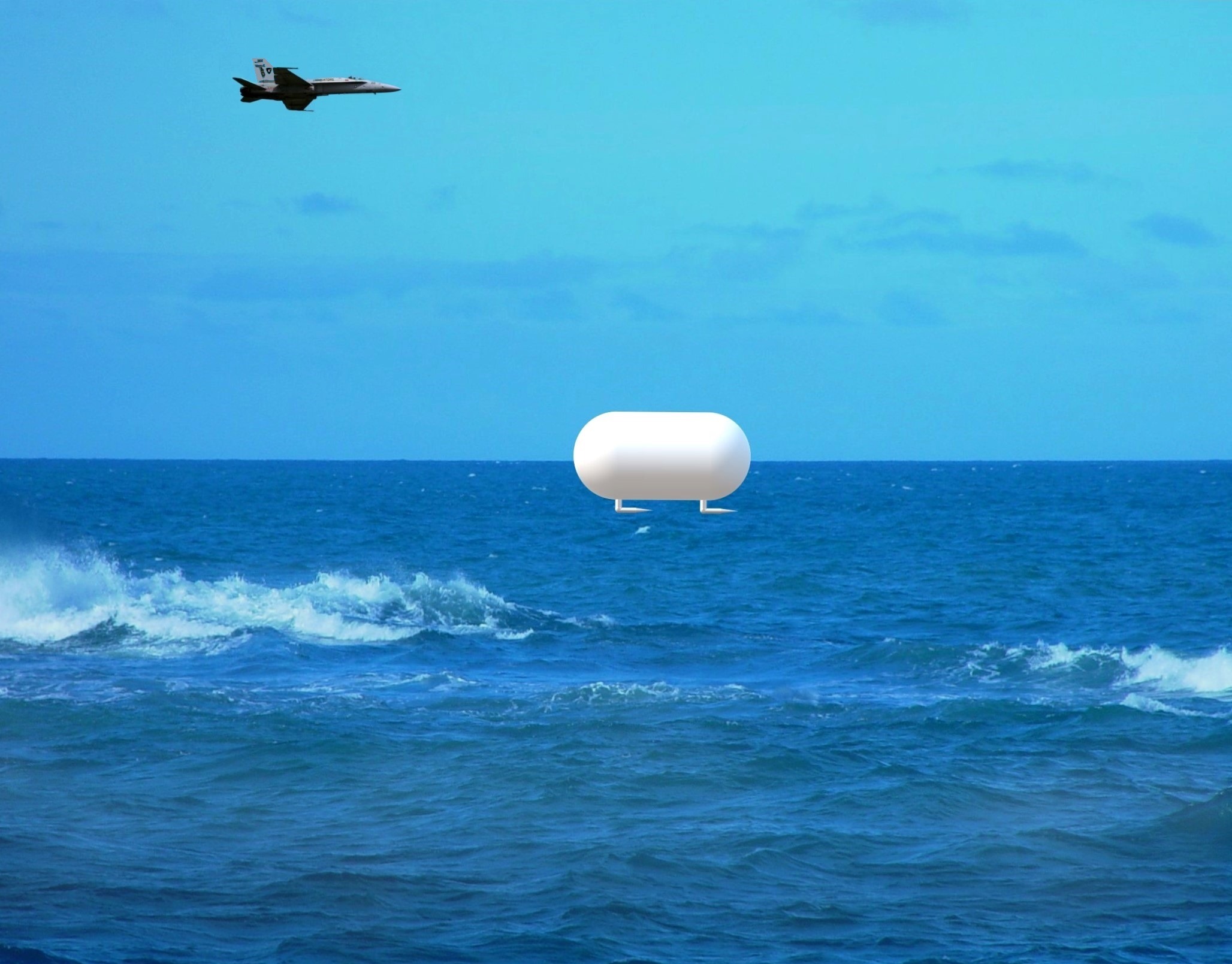 Artist's 3D illustration of the Tic Tac over disturbed water with an F/A-18 nearby (not a photograph)