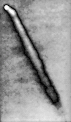 Film frame filtered to bring out the apparent bend in the beam