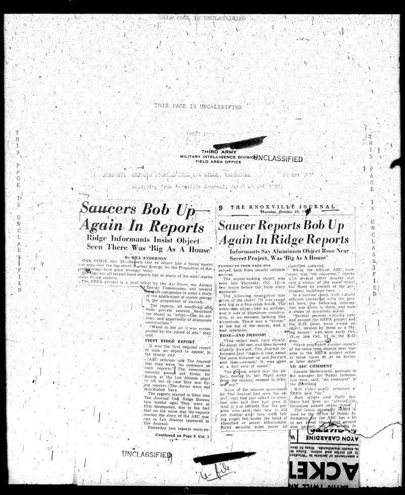 Project Blue Book record for the Oak Ridge sightings
