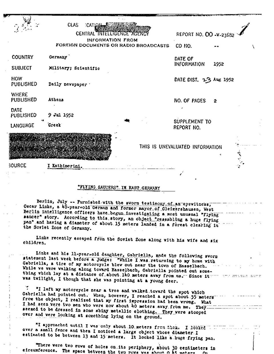 Page 1 of the CIA report 00-W-23682, "Flying Saucers in East Germany"