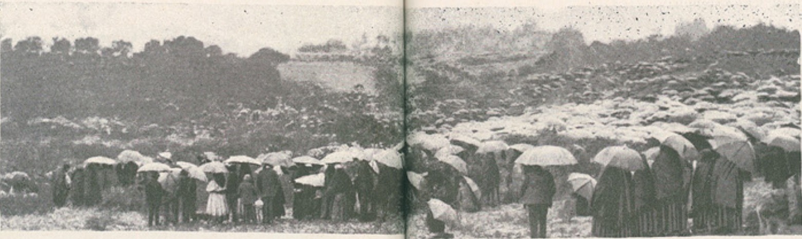 The crowd waiting in the rain with umbrellas