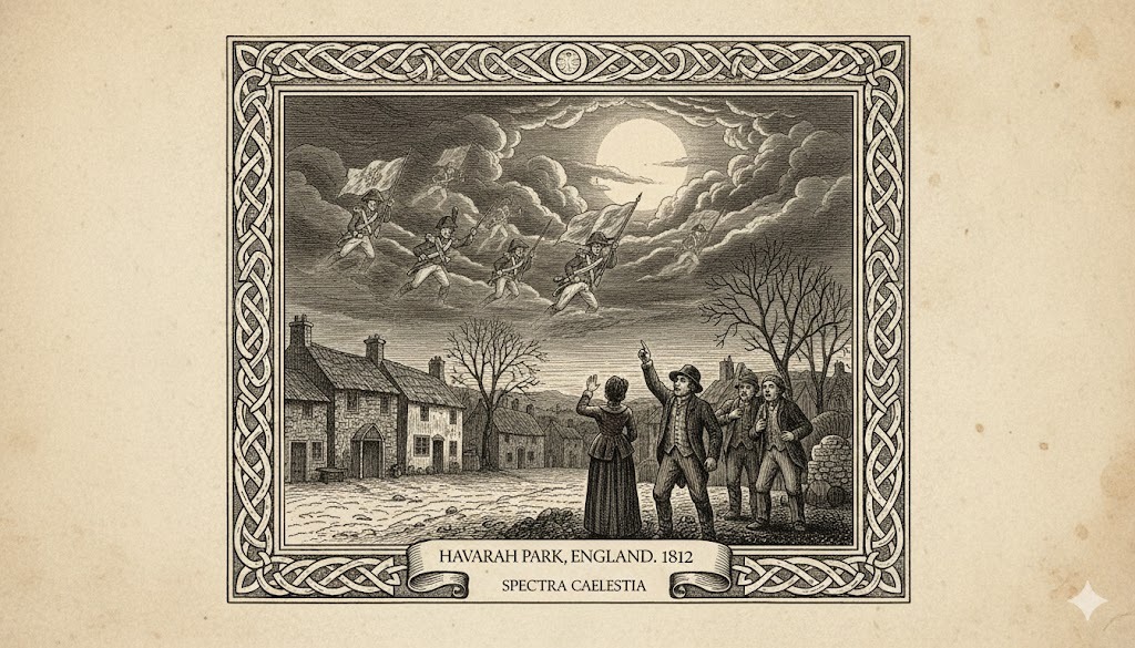 Modern illustration of phantom soldiers in the sky, captioned as a historical woodcut; not a period image and at odds with the original account.