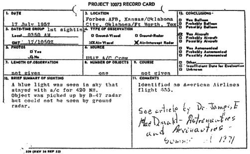 Project Blue Book record card for the RB-47 case