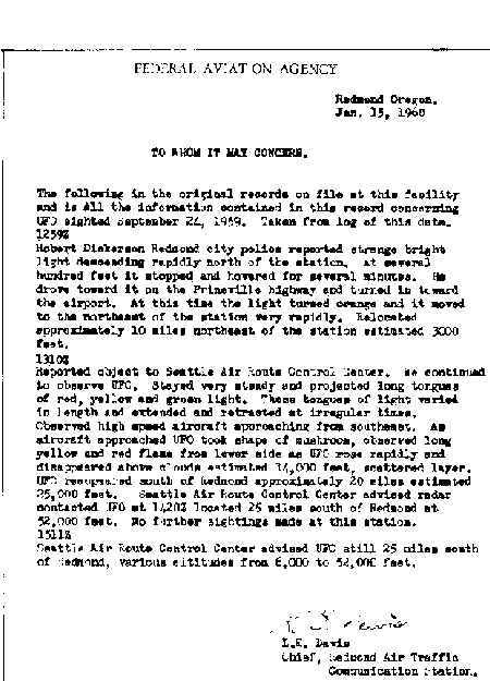 FAA letter of 15 January 1960 from the Redmond Communication Station, reproducing the log of the sighting