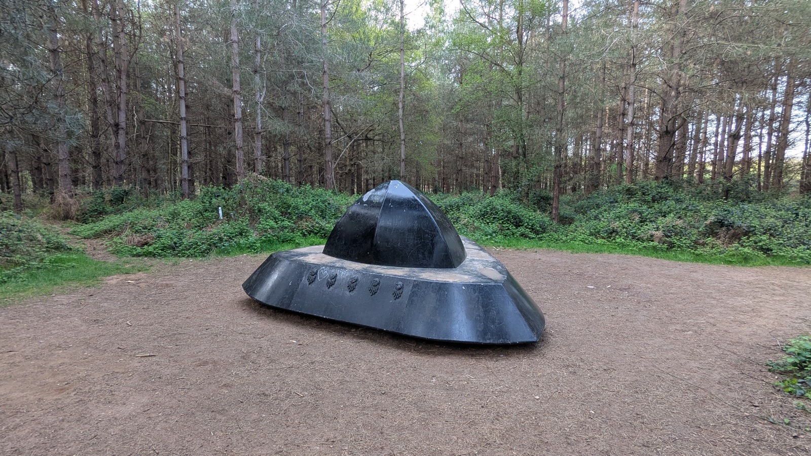 The UFO sculpture at the end of the Forestry England trail, photographed in 2025
