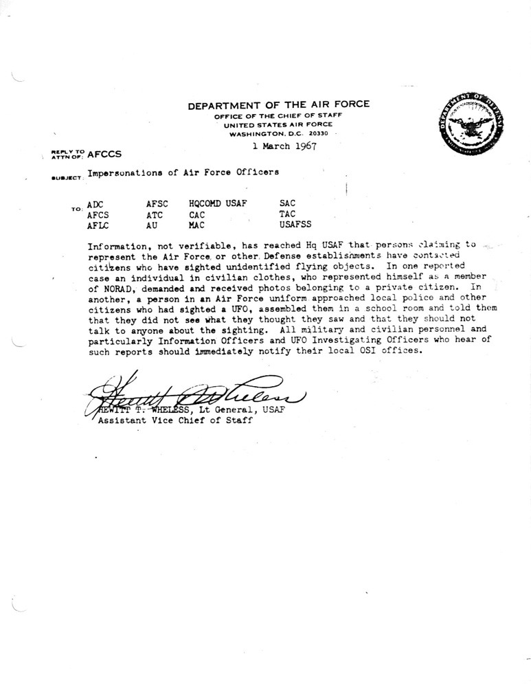Air Force/NORAD document concerning the visitors who claimed to be NORAD agents