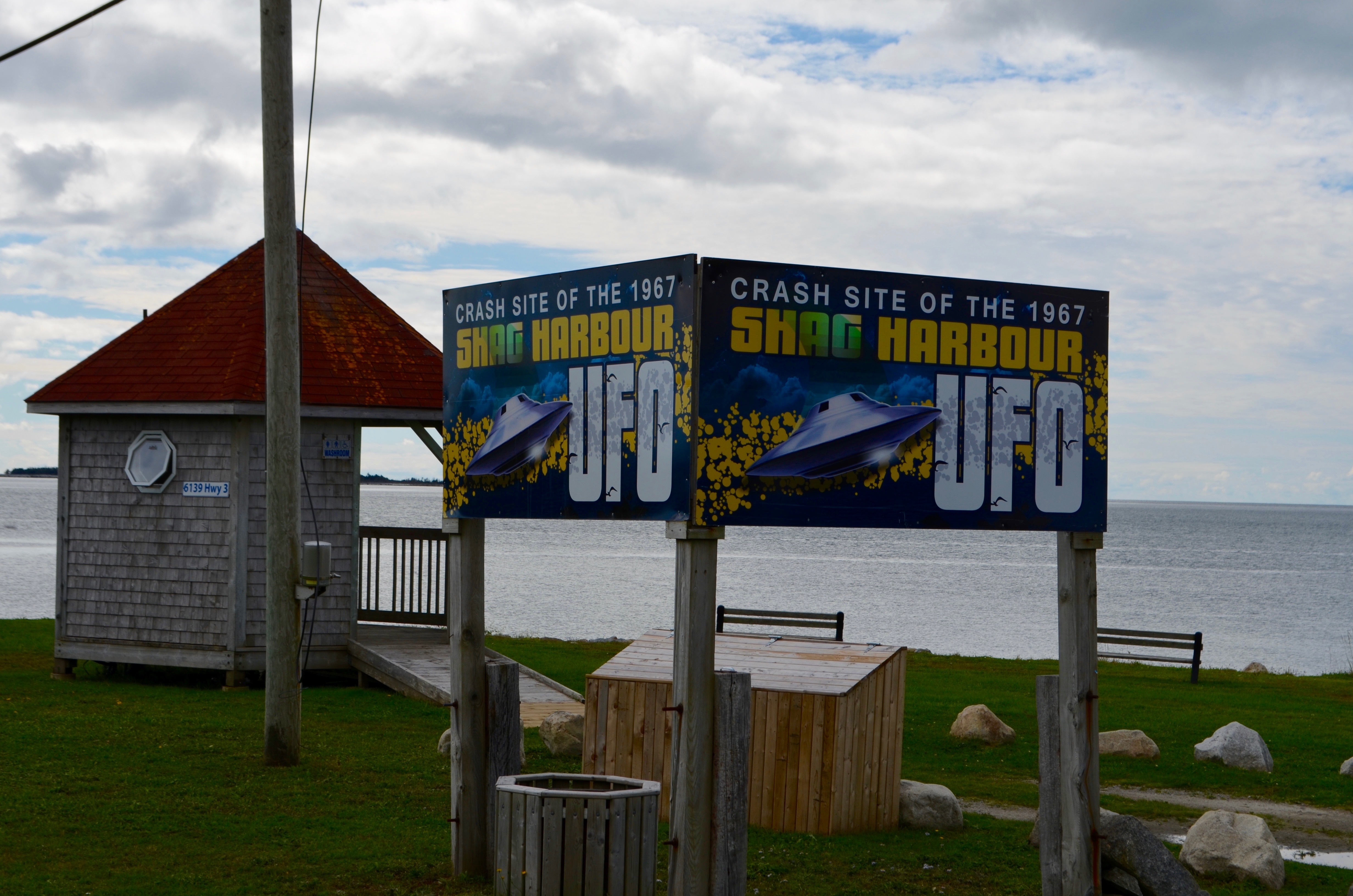 The UFO Gazebo at Shag Harbour Incident Park, looking out to the crash site (2017)