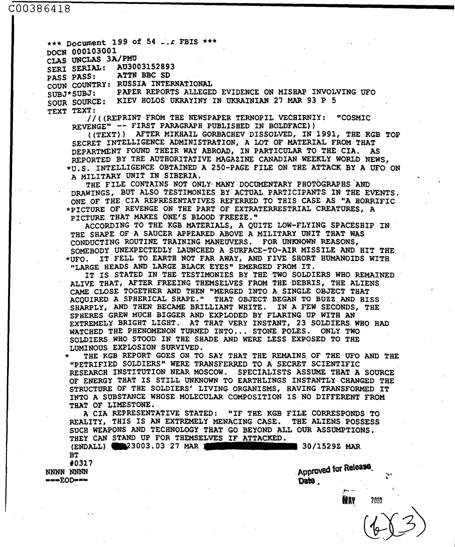 The CIA document describing the alleged attack on Soviet soldiers.