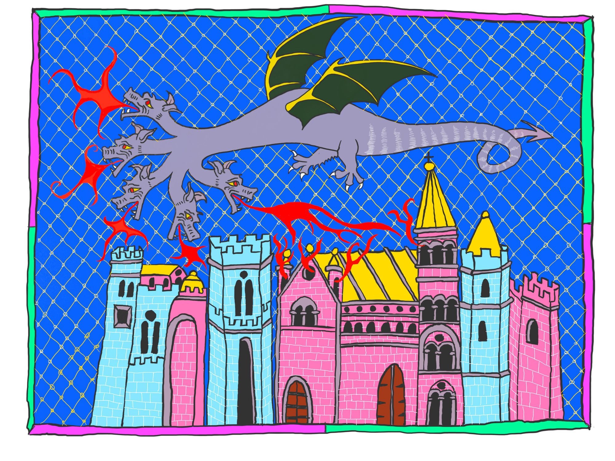 Modern illustration of the five-headed dragon attacking Christchurch.