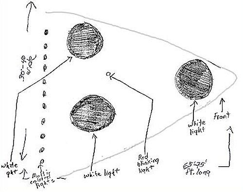 Officer Ed Barton's police report sketch of the triangle, annotated "65'-75' ft. long"
