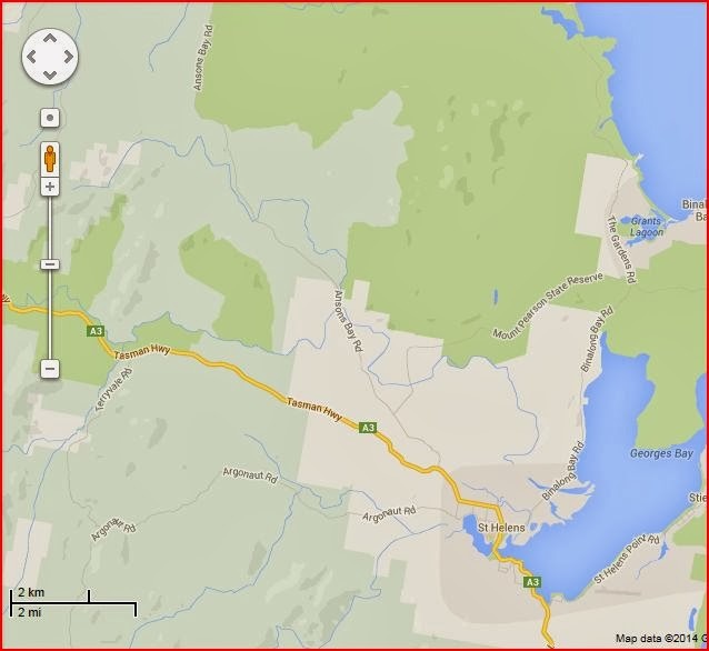 Map of St Helens and Ansons Bay Road with the bridge marked