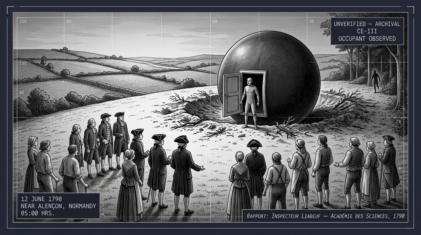 Modern rendering of a sphere on a hillside, made in 2026. Not a historical image.
