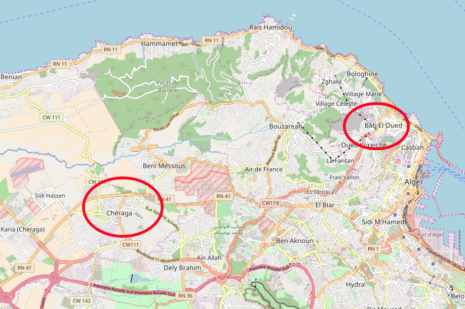 Modern map showing the location of Chéragas