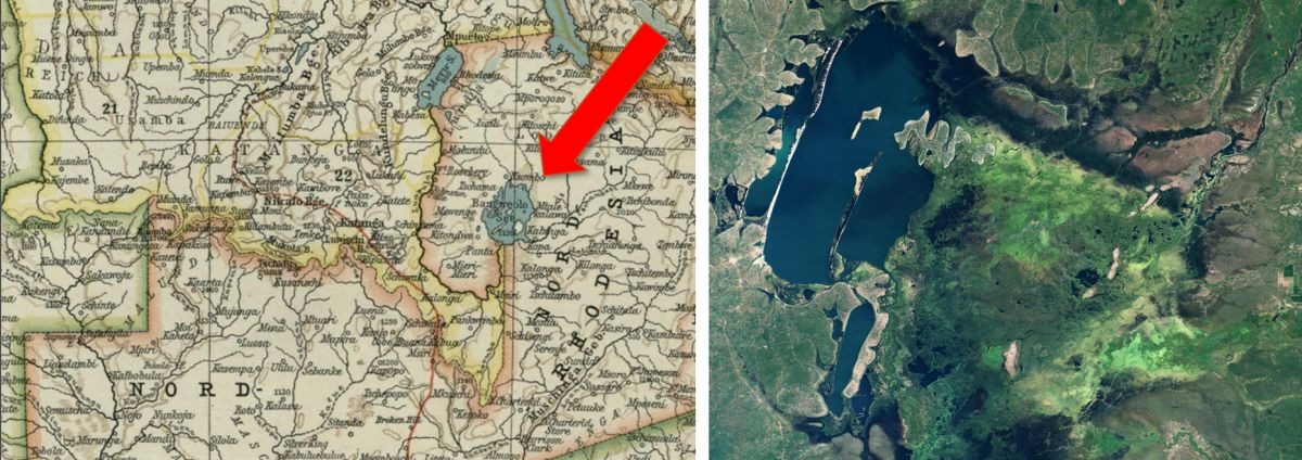 Old map of Lake Bangweulu compared with satellite imagery.