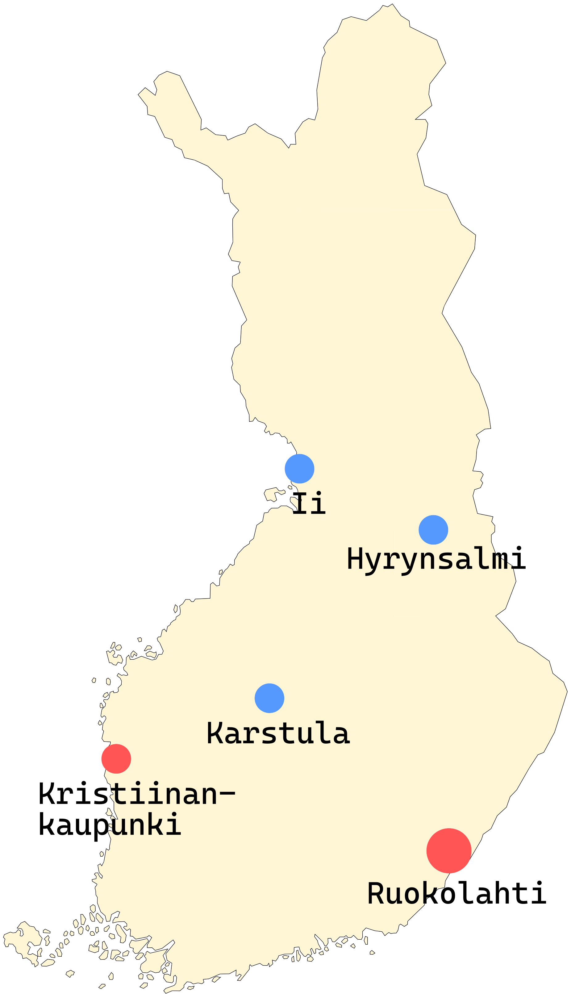 Map of the 1992 lion sightings in Finland: red for ministry-confirmed, blue for press reports