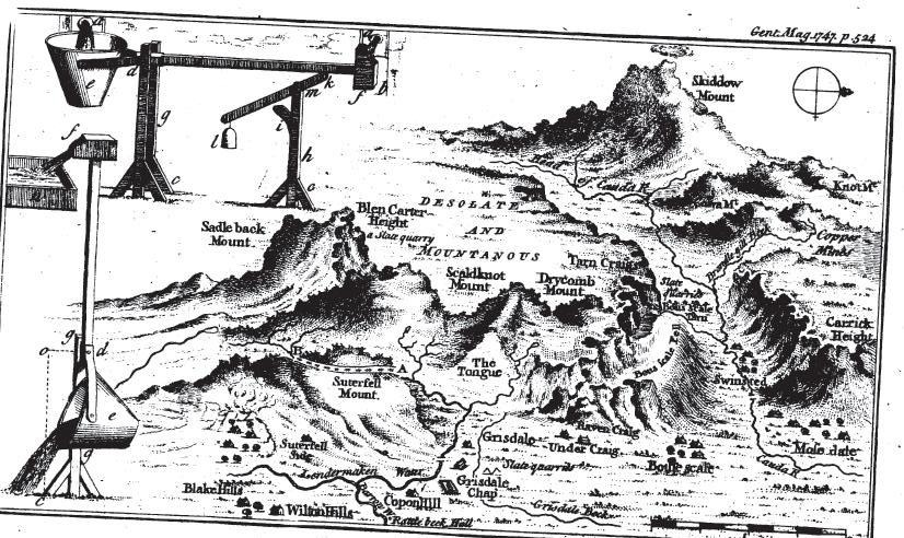 The engraved perspective map from the Gentleman's Magazine of November 1747, marking Souter Fell