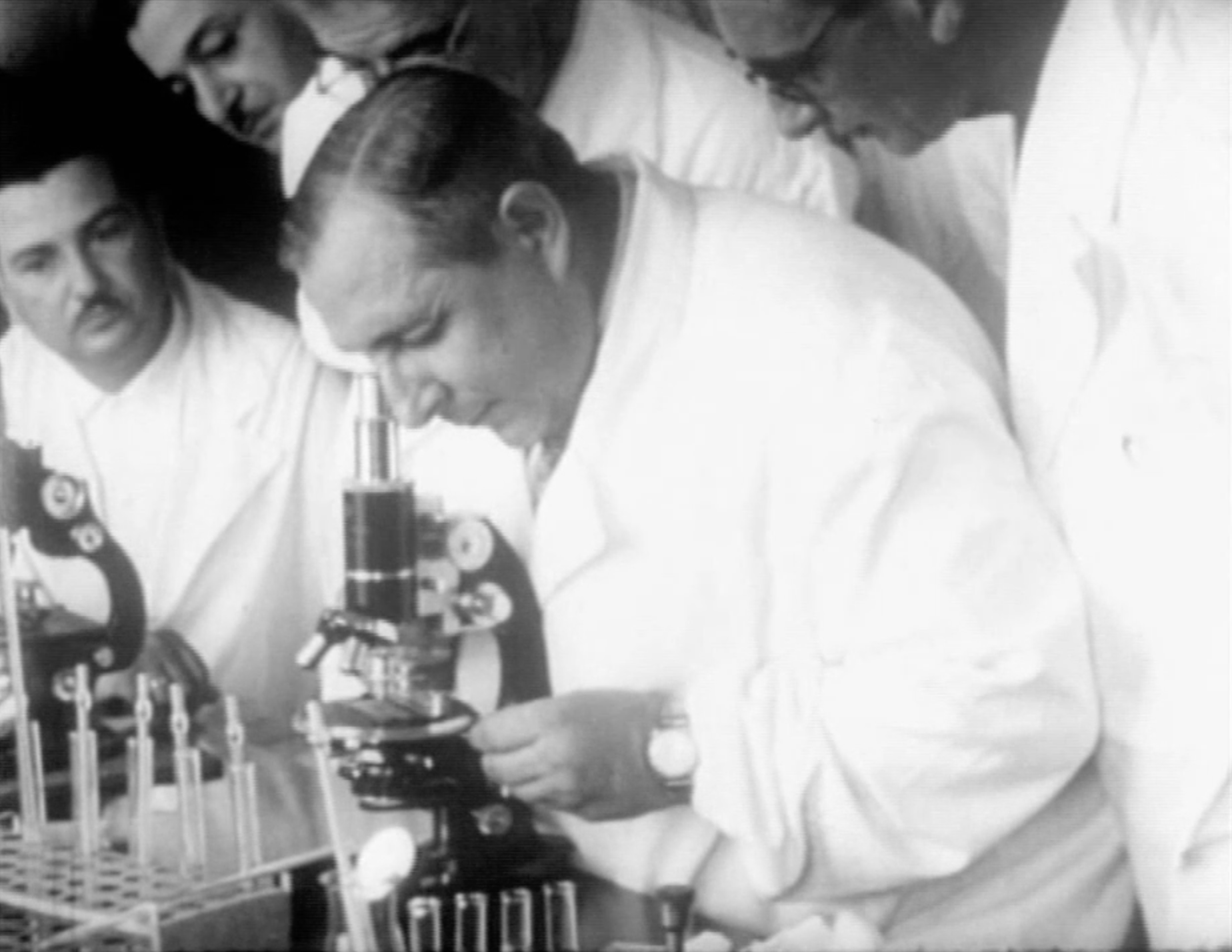 Dr. Michele Cassola examining the tears under the microscope, September 1953.