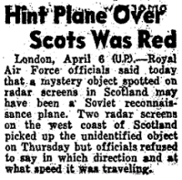 Sunday News, 7 April 1957: "Hint Plane Over Scots was Red"