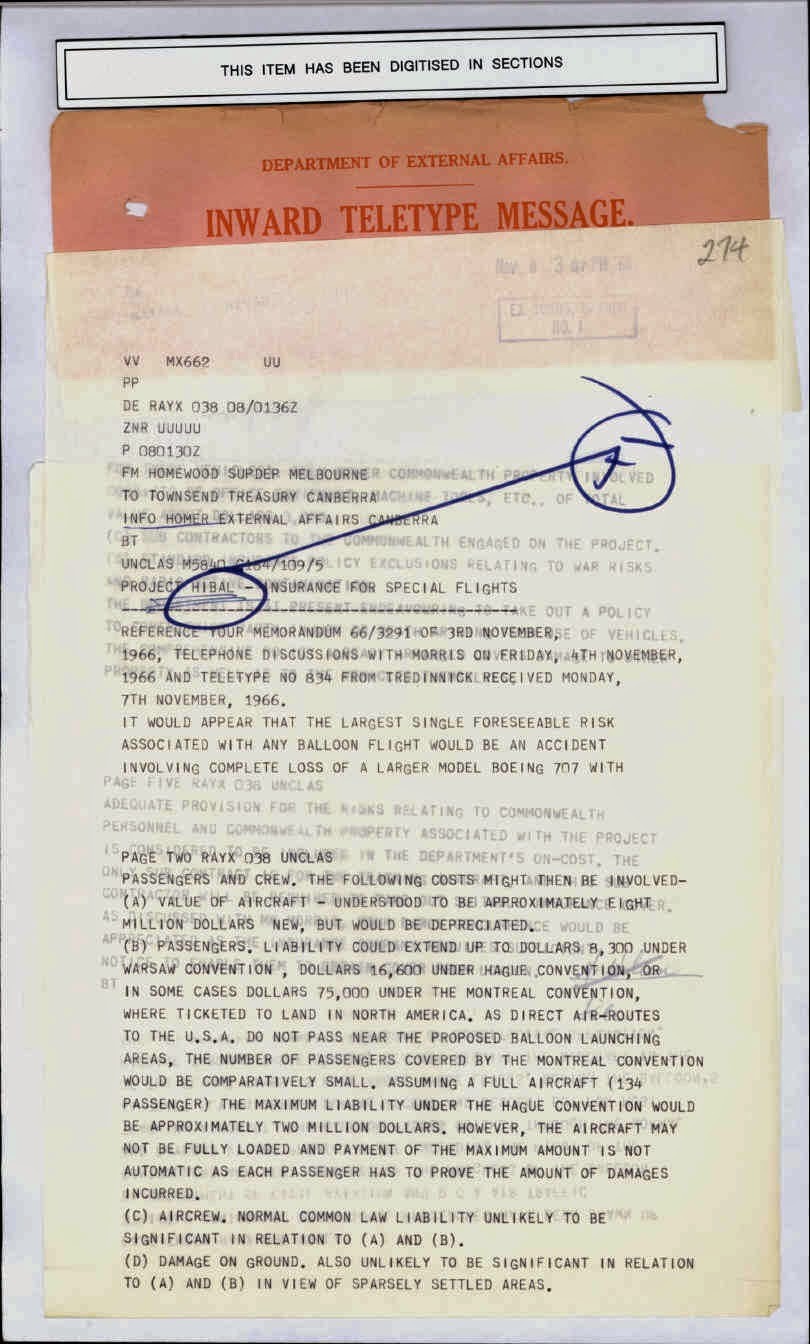 HIBAL liability-risk memo, NAA series A1838, page 1. Does not mention Westall