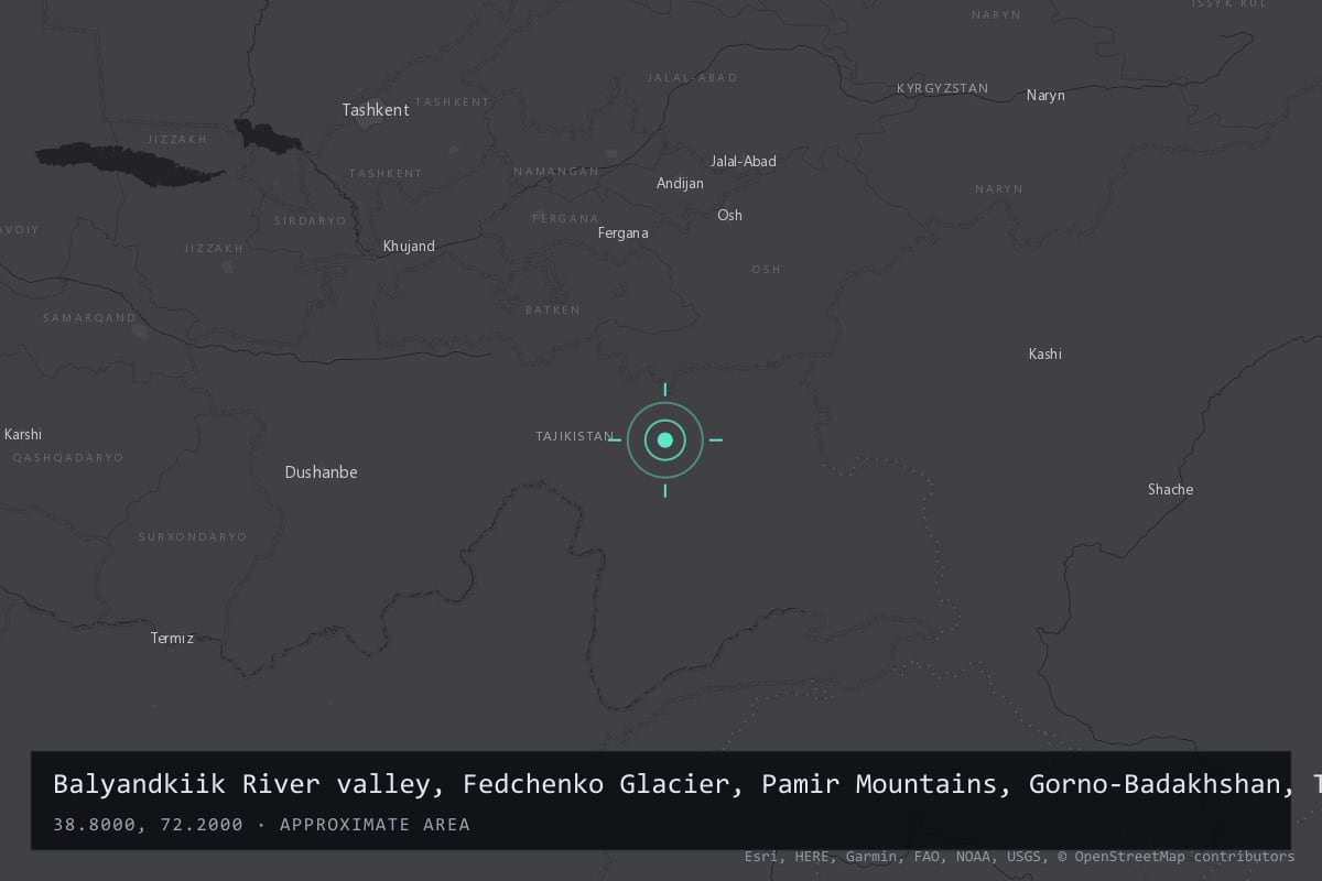 Where it happened: Balyandkiik River valley, Fedchenko Glacier, Pamir Mountains, Gorno-Badakhshan, Tajikistan