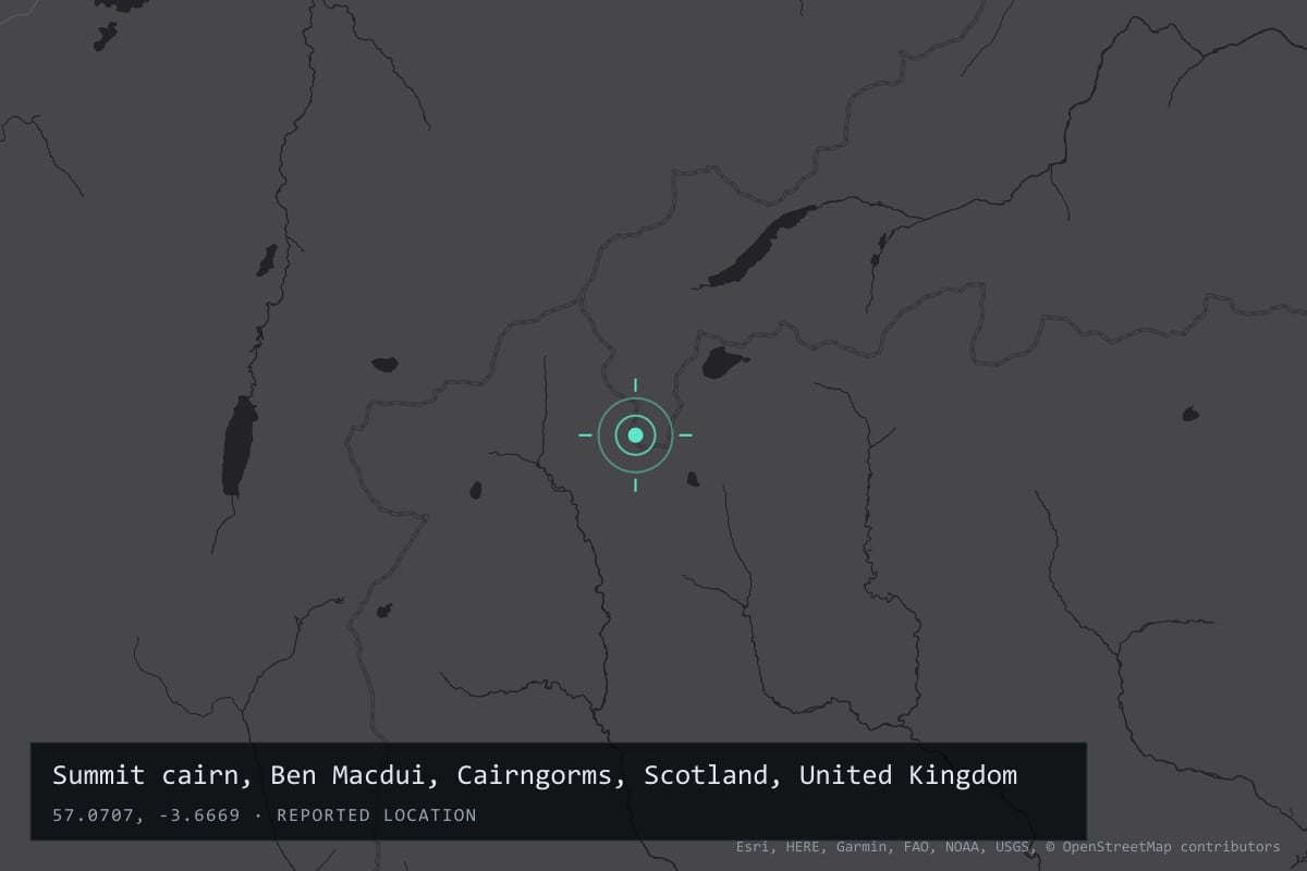 Where it happened: Summit cairn, Ben Macdui, Cairngorms, Scotland, United Kingdom
