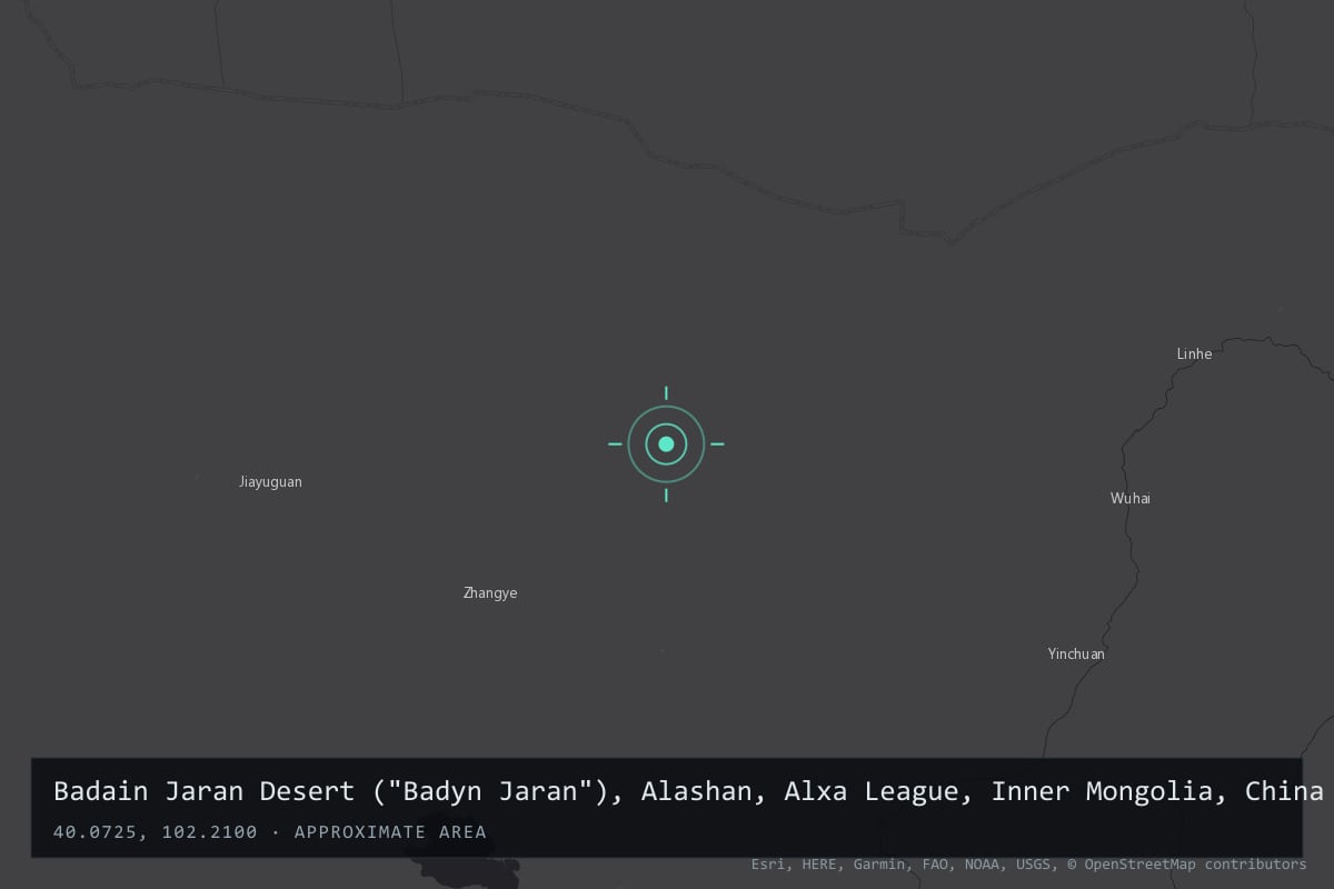 Where it happened: Badain Jaran Desert ("Badyn Jaran"), Alashan, Alxa League, Inner Mongolia, China