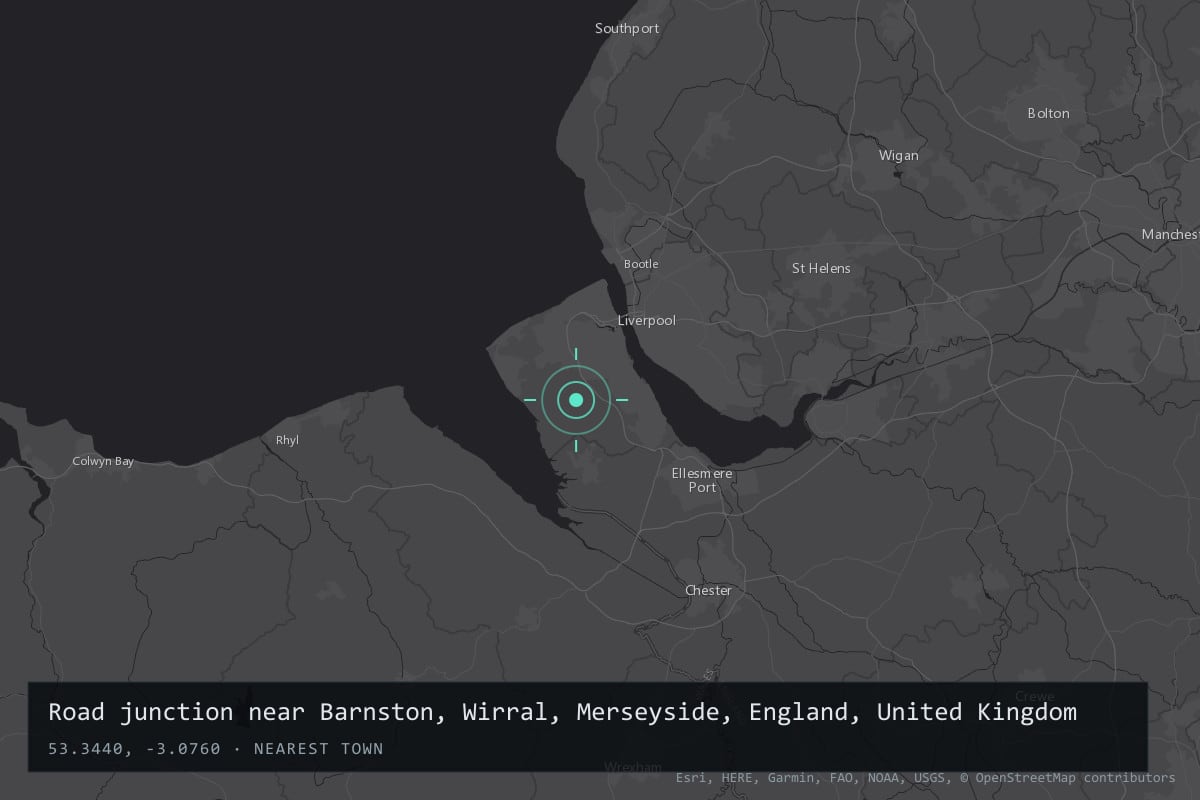 Where it happened: Road junction near Barnston, Wirral, Merseyside, England, United Kingdom