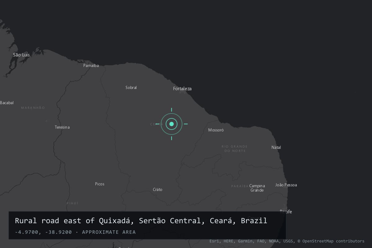 Where it happened: Rural road east of Quixadá, Sertão Central, Ceará, Brazil