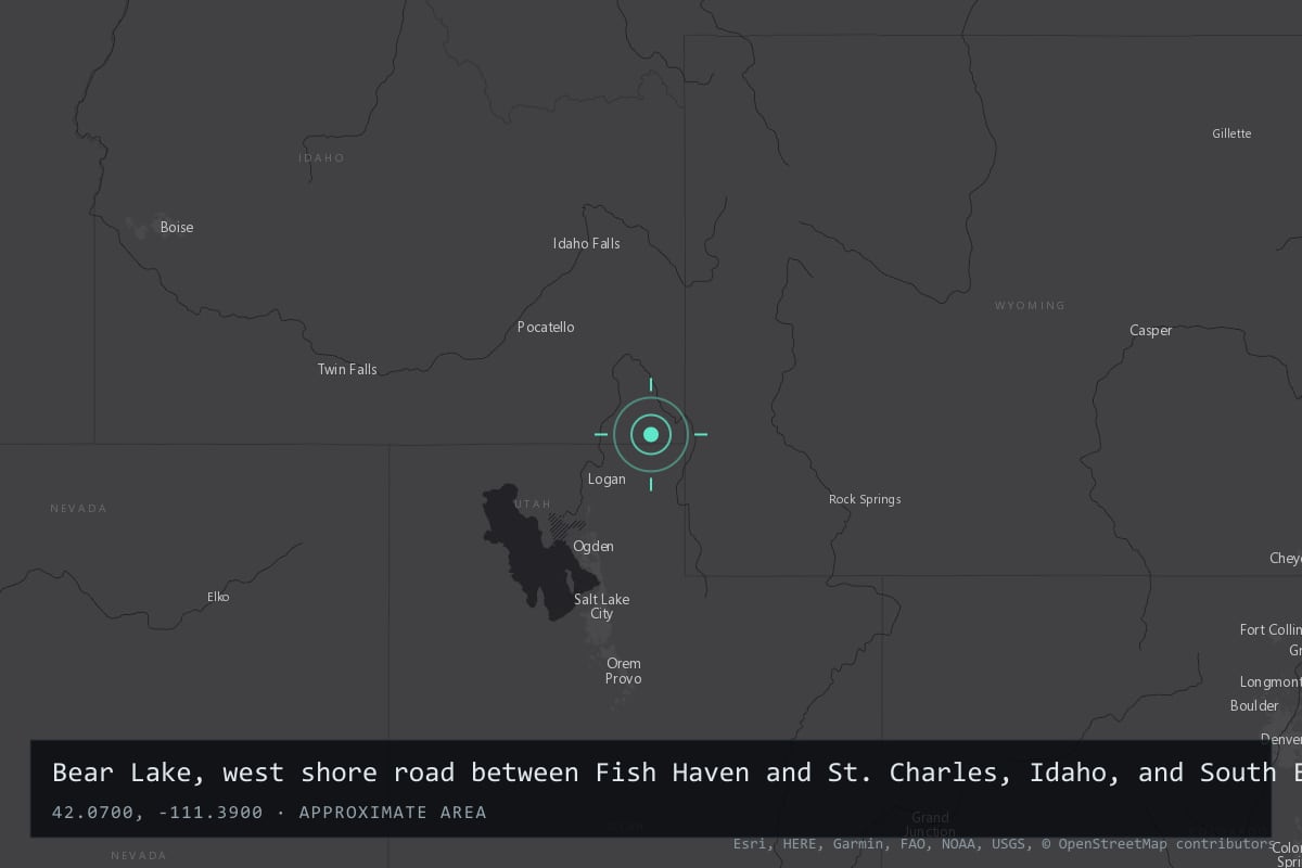 Where it happened: Bear Lake, west shore road between Fish Haven and St. Charles, Idaho, and South Eden, Utah, United States