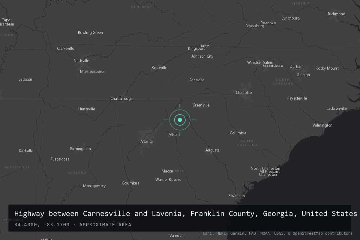 Where it happened: Highway between Carnesville and Lavonia, Franklin County, Georgia, United States
