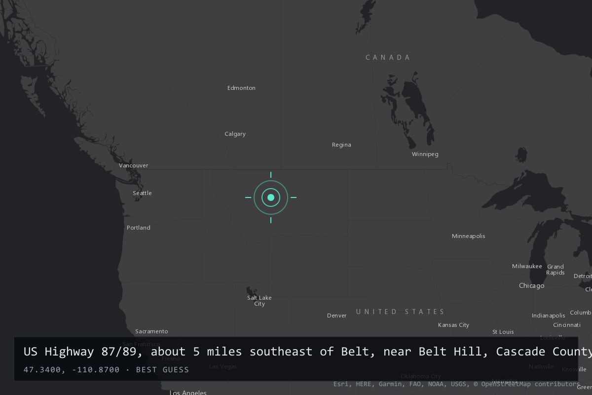 Where it happened: US Highway 87/89, about 5 miles southeast of Belt, near Belt Hill, Cascade County, Montana, United States