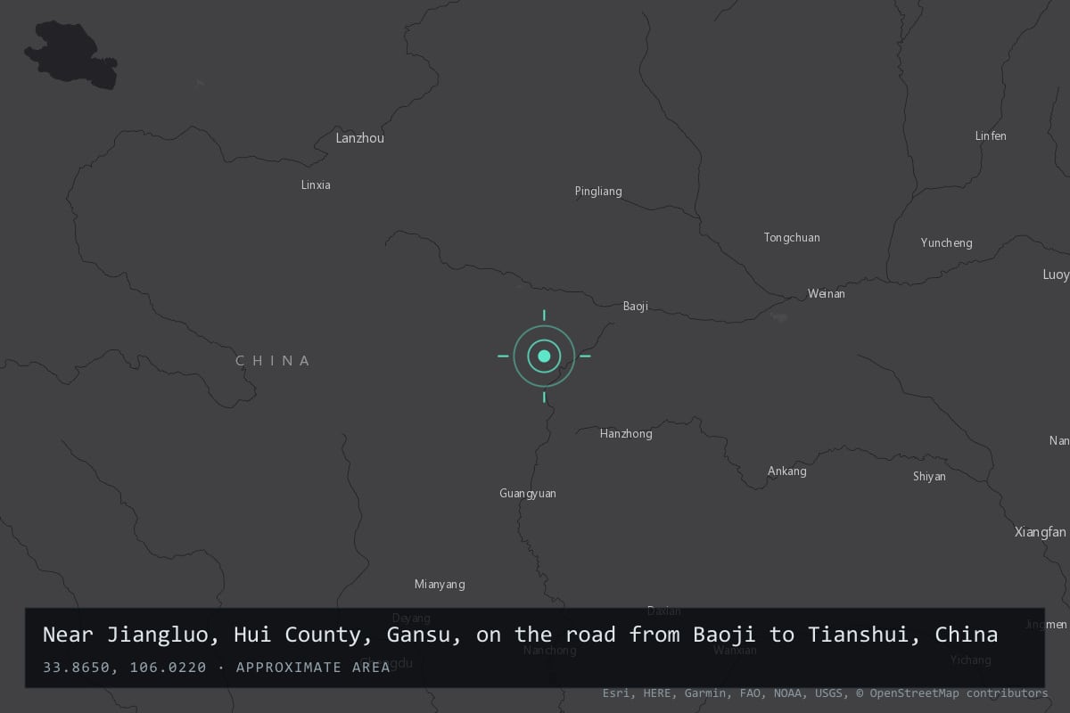 Where it happened: Near Jiangluo, Hui County, Gansu, on the road from Baoji to Tianshui, China