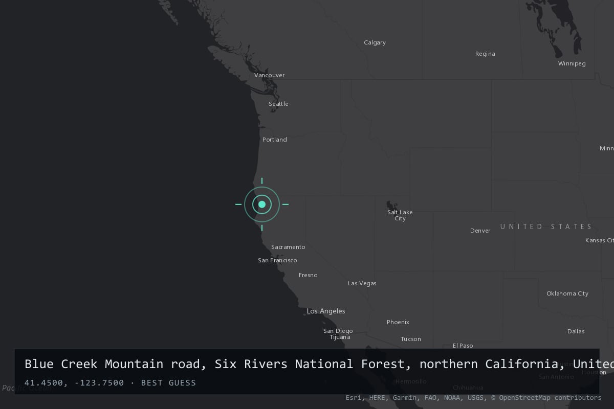 Where it happened: Blue Creek Mountain road, Six Rivers National Forest, northern California, United States