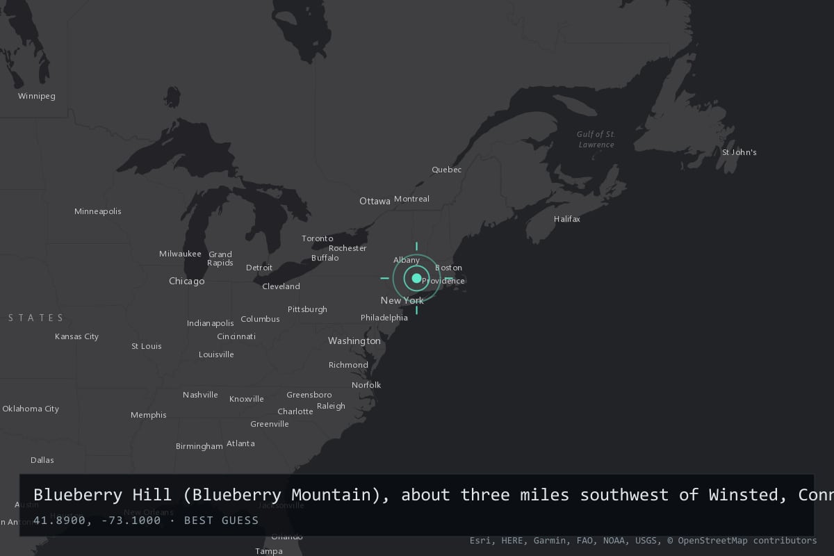 Where it happened: Blueberry Hill (Blueberry Mountain), about three miles southwest of Winsted, Connecticut, United States