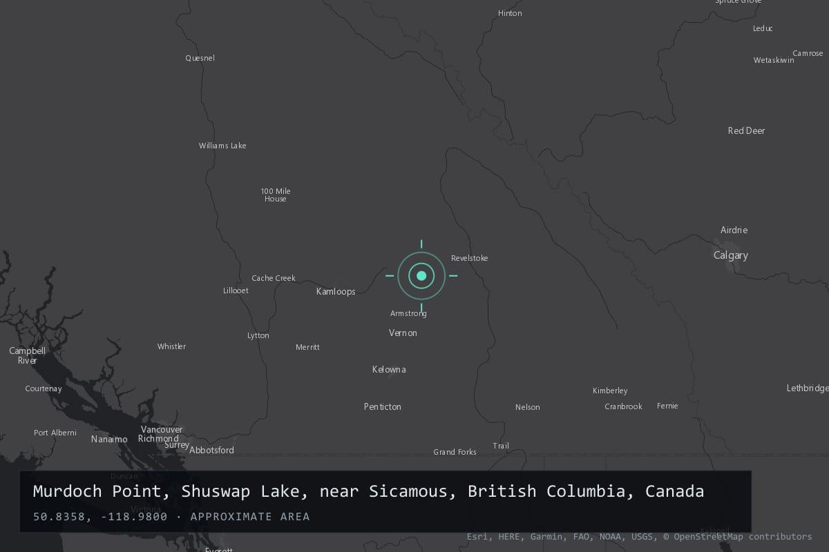 Where it happened: Murdoch Point, Shuswap Lake, near Sicamous, British Columbia, Canada