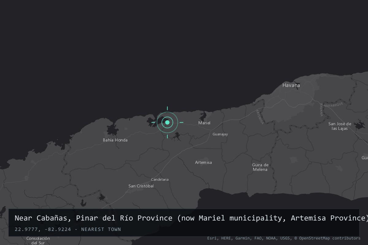 Where it happened: Near Cabañas, Pinar del Río Province (now Mariel municipality, Artemisa Province), Cuba