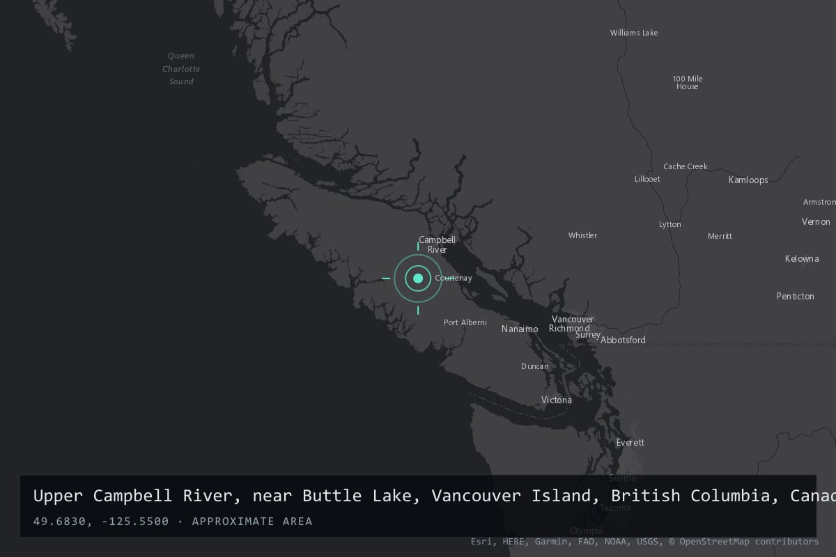 Where it happened: Upper Campbell River, near Buttle Lake, Vancouver Island, British Columbia, Canada