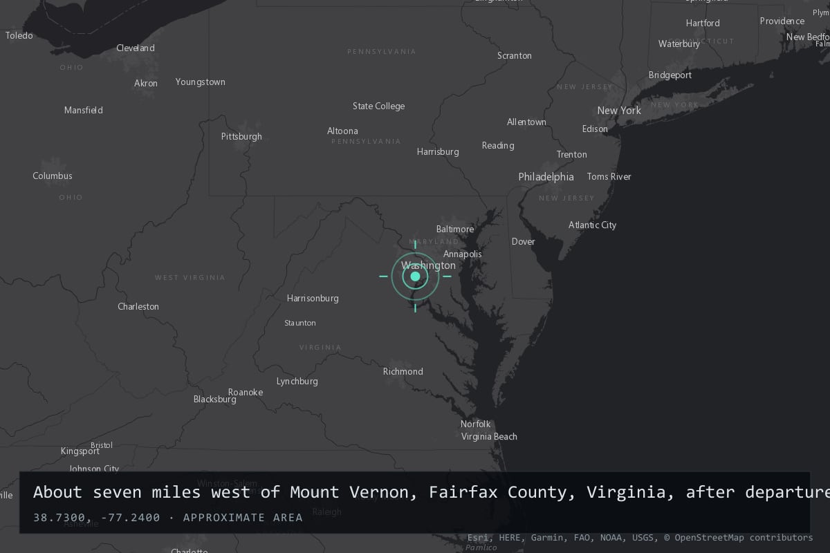 Where it happened: About seven miles west of Mount Vernon, Fairfax County, Virginia, after departure from Washington National Airport, United States