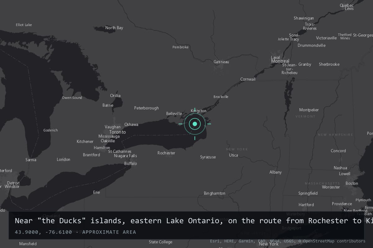 Where it happened: Near "the Ducks" islands, eastern Lake Ontario, on the route from Rochester to Kingston harbour, Canada