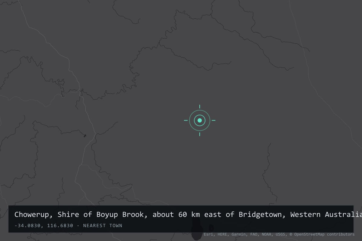 Where it happened: Chowerup, Shire of Boyup Brook, about 60 km east of Bridgetown, Western Australia, Australia