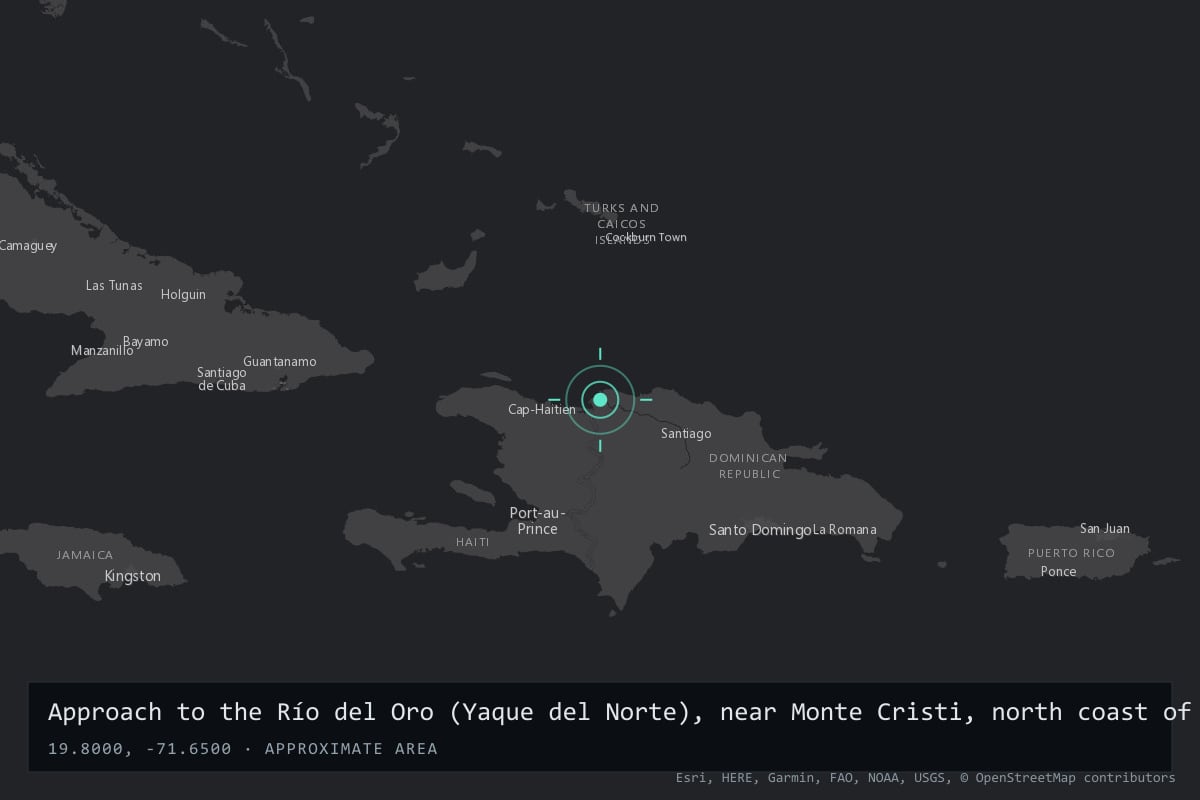 Where it happened: Approach to the Río del Oro (Yaque del Norte), near Monte Cristi, north coast of Hispaniola, Dominican Republic