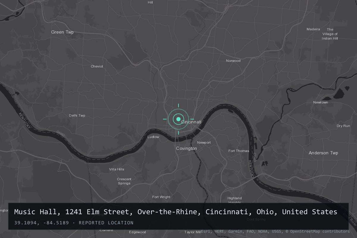 Where it happened: Music Hall, 1241 Elm Street, Over-the-Rhine, Cincinnati, Ohio, United States