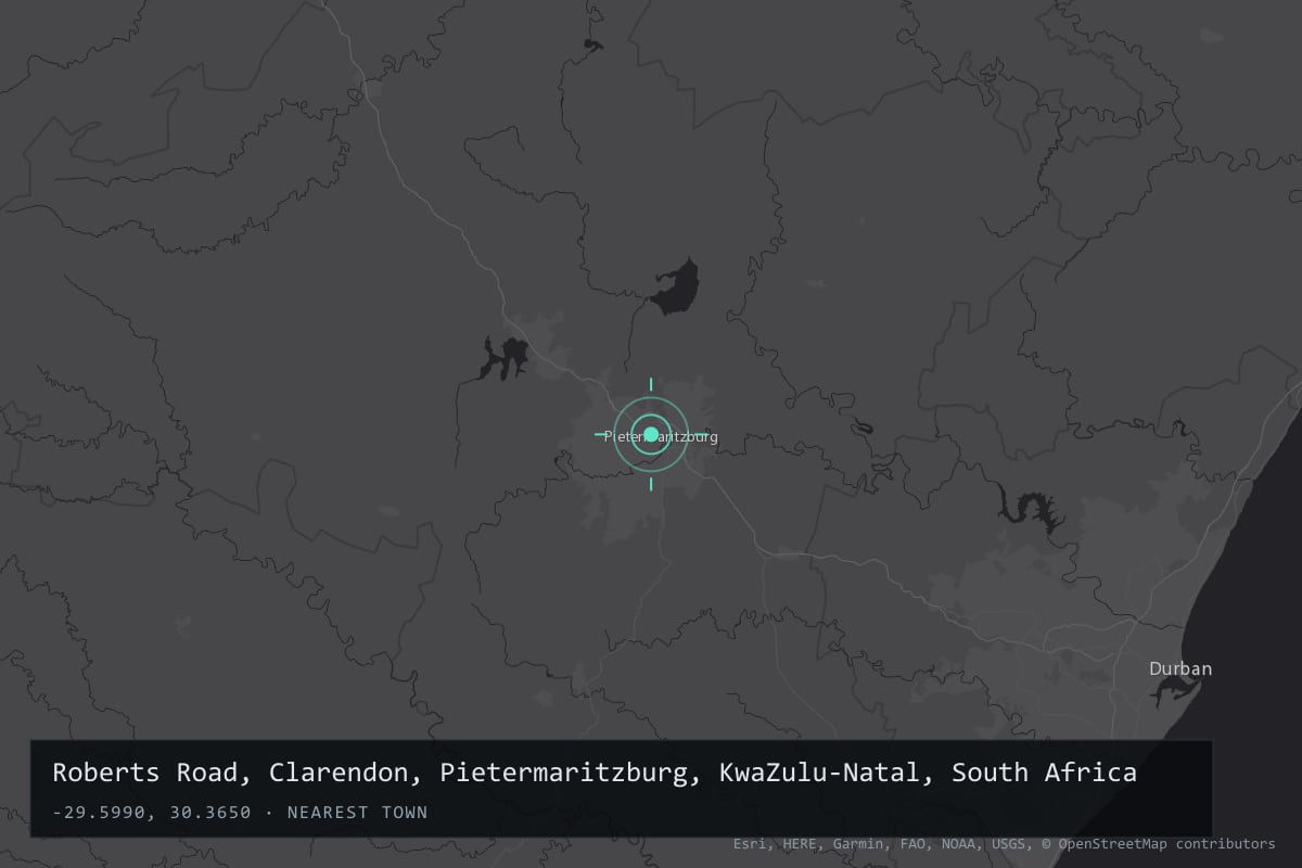 Where it happened: Roberts Road, Clarendon, Pietermaritzburg, KwaZulu-Natal, South Africa
