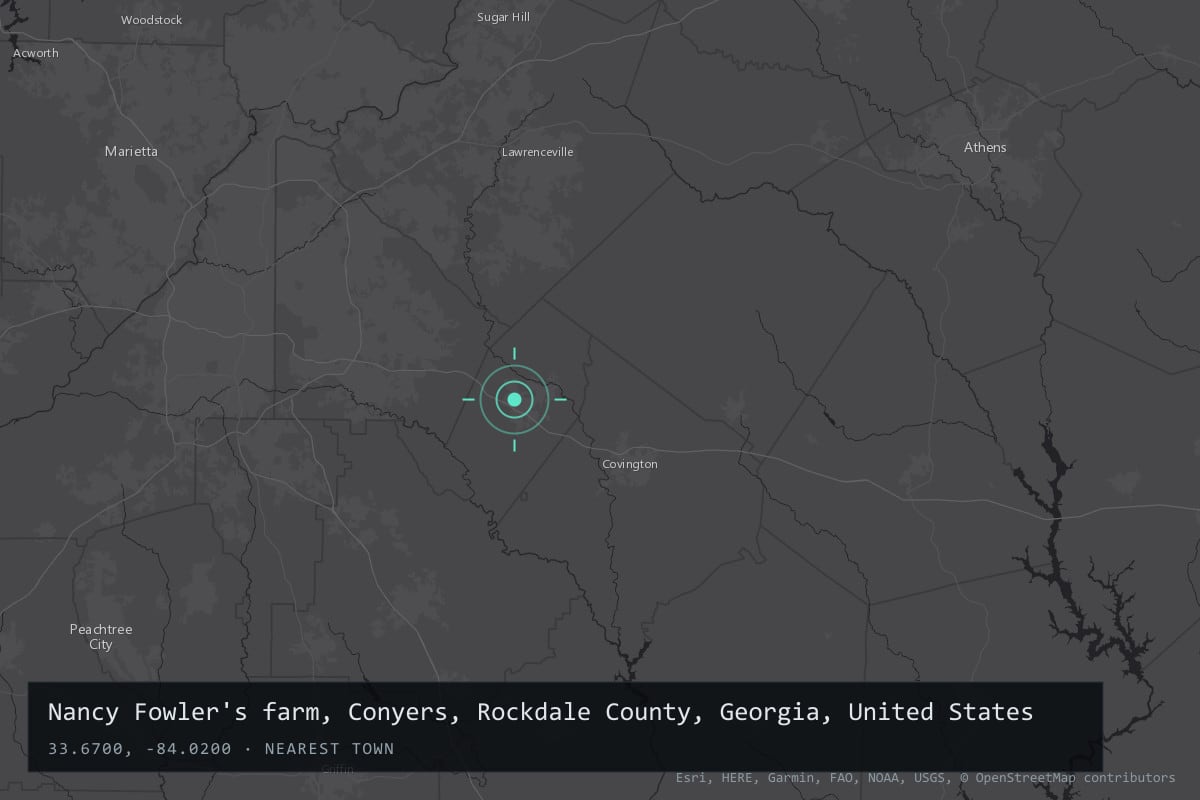 Where it happened: Nancy Fowler's farm, Conyers, Rockdale County, Georgia, United States