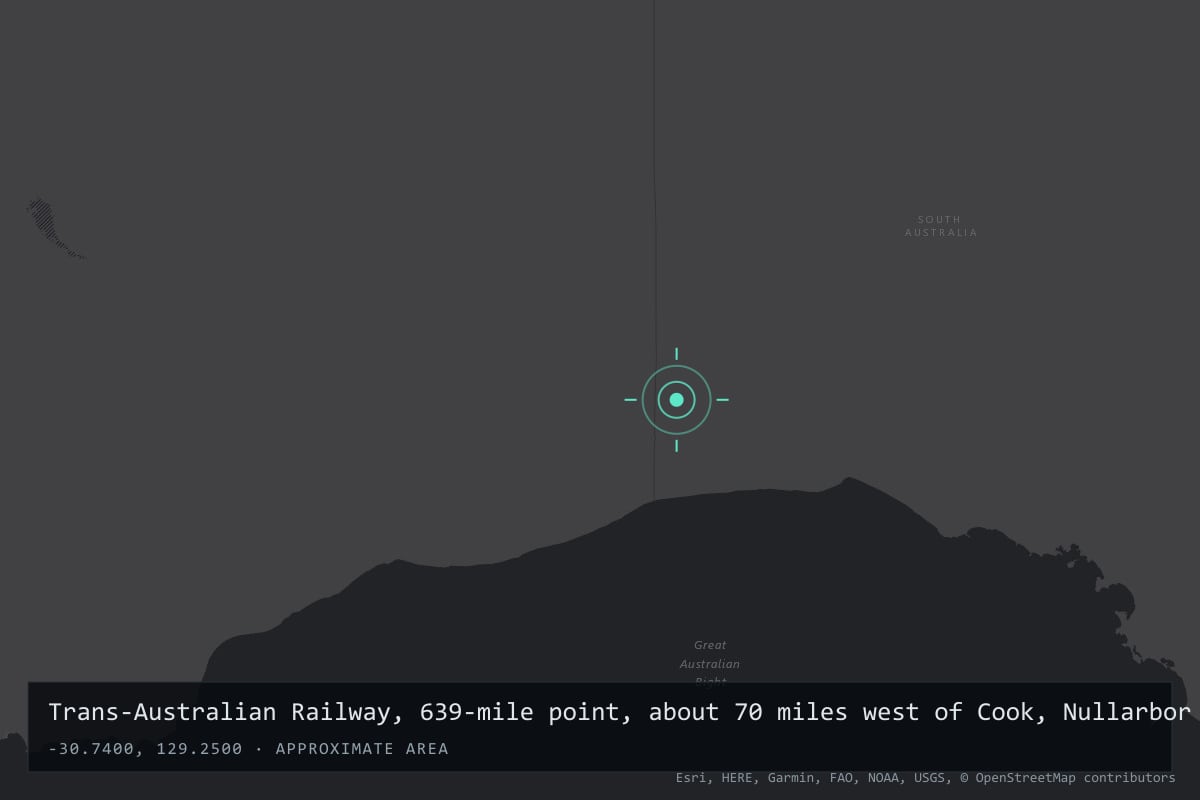 Where it happened: Trans-Australian Railway, 639-mile point, about 70 miles west of Cook, Nullarbor Plain, South Australia, Australia